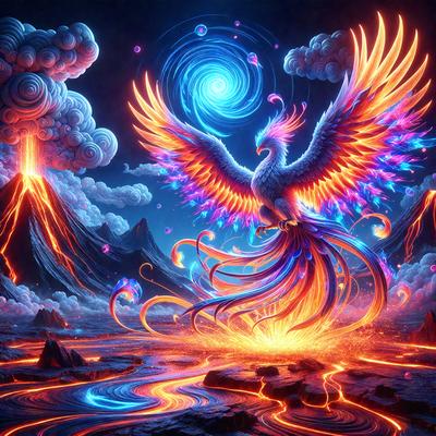 The primary subject of the image is a large, colorful bird with a long tail, standing on a rocky surface. The bird appears to be a mix of a peacock and a bird of prey, with a vibrant blue and orange color scheme. The setting is a dark, cloudy sky, which adds to the dramatic atmosphere of the scene. The visual style of the image is a digital art or illustration, with a focus on the bird and its surroundings. The colors and mood of the image are bold and striking, with the bird's vivid plumage and the contrasting dark sky creating a striking visual effect.